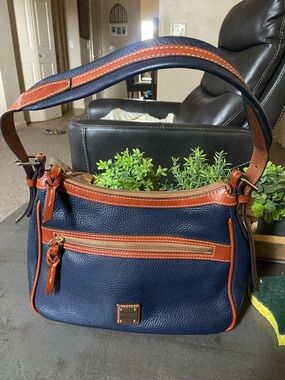 Dooney & Bourke Navy Pebble Leather Hobo with Brown Trim Purse